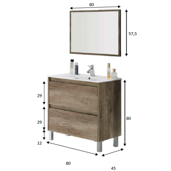 Composizione bagno da 80 cm con mobile bagno sospeso colore Nordik, specchio e lavabo