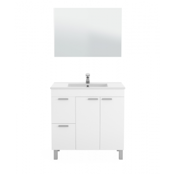 Meuble de salle de bain 3 tiroirs sur le sol 80 cm Blanc Brillant avec miroir