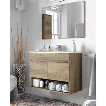 Composizione bagno Cotton da 80 cm con mobile sospeso colore Nordik, specchio e lavabo