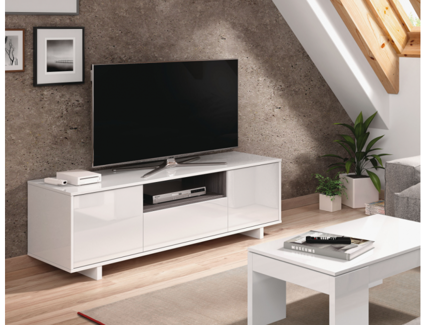 Mobile soggiorno porta Tv Zaira 150 cm Bianco lucido e Grigio cenere con tre ante