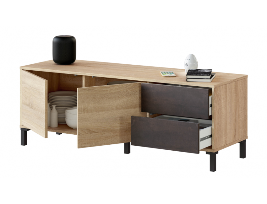 Wohnzimmer TV 130 cm Oxid und Kanadische Eiche mit 2 Türen und 2